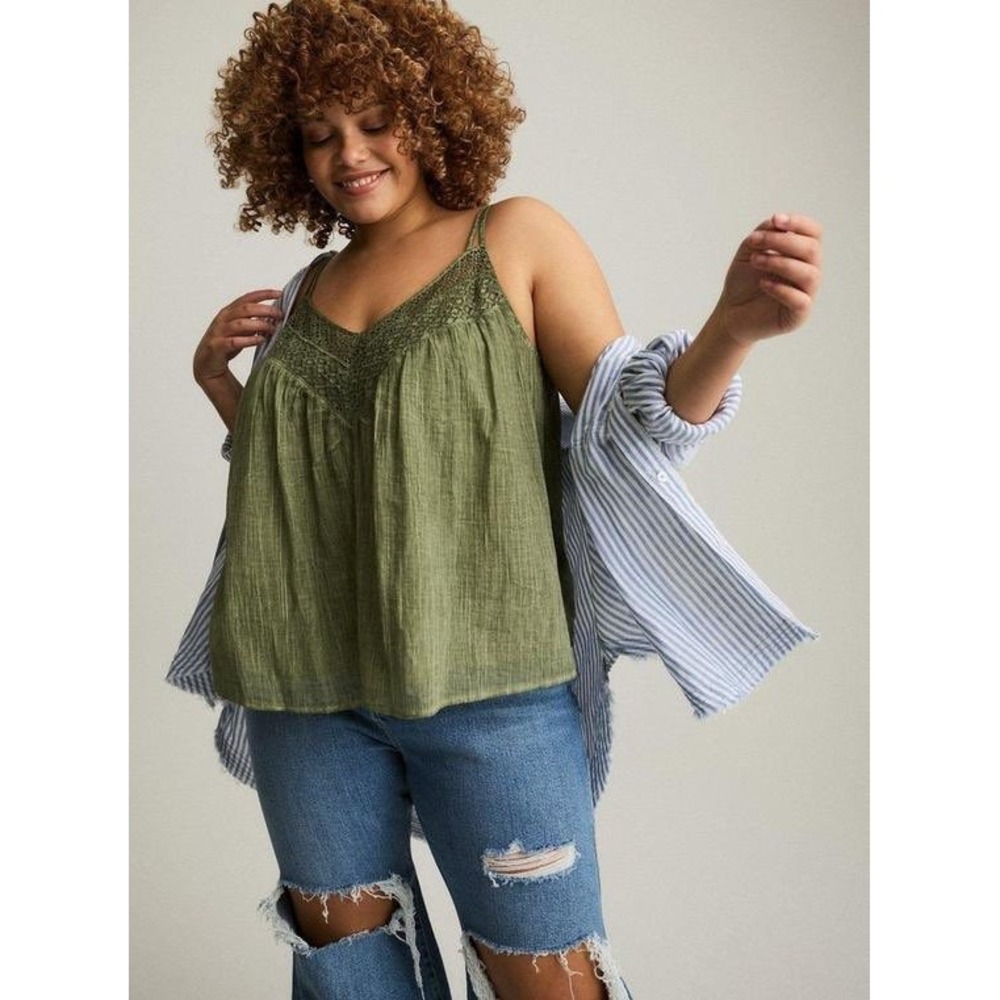 Torrid Festival Olive Green Gauze Crochet‎ Lace V-Neck Cami Top Size 00 M L